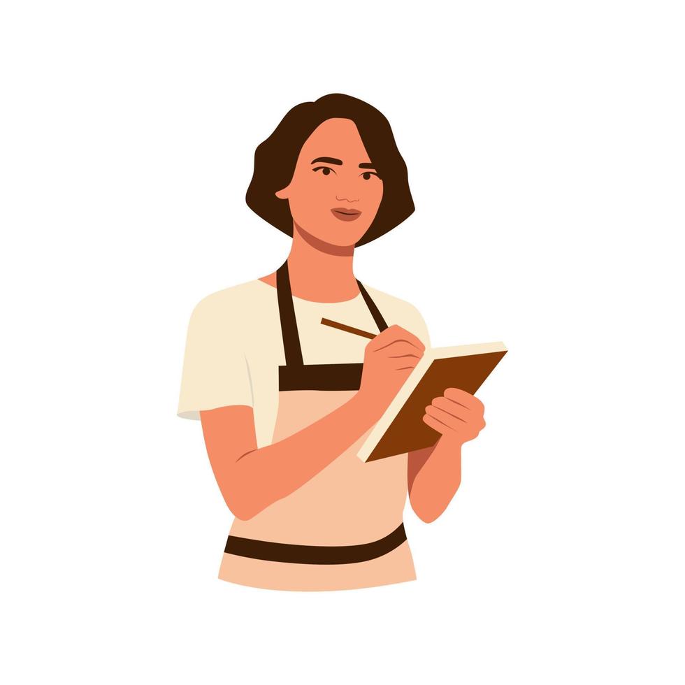Young smiling girl barista wearing apron holding pen notebook for clients. Working as barista. Coffeeshop and cafeteria. Service, station and lunch. Hand drawn flat vector illustration of character