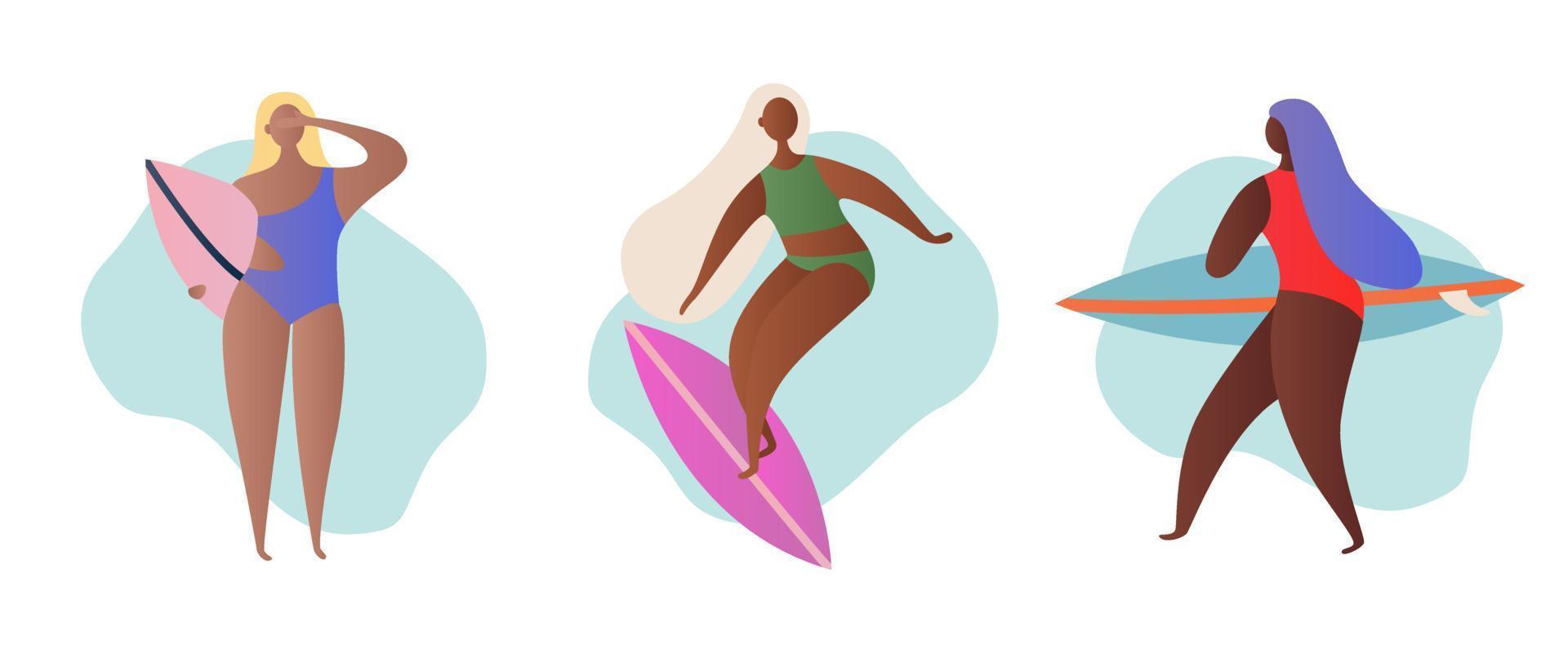 conjunto de jóvenes surfistas felices en traje de baño con tabla de surf en las manos. recreación activa, deportes acuáticos. vacaciones de verano. vacaciones tropicales, turista, viajes. ilustración plana dibujada a mano. vector