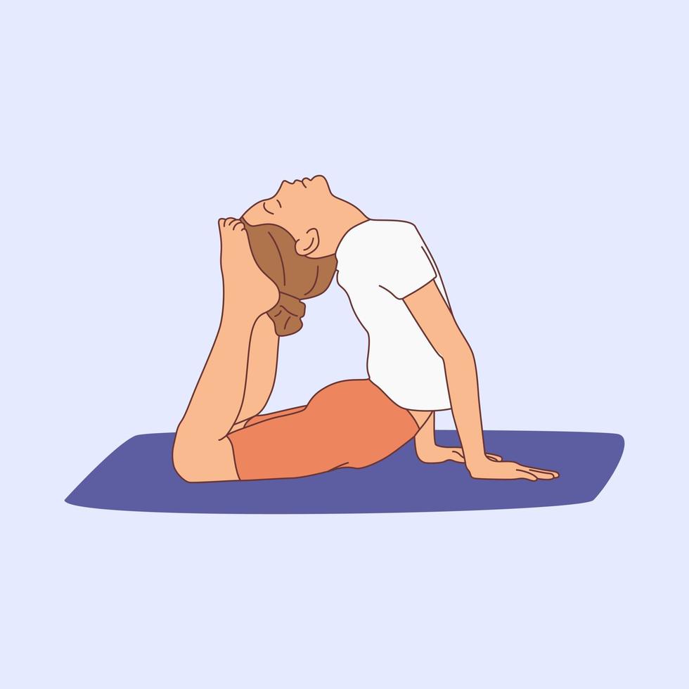 Girl practicing yoga on blue gymnastic mat. Children yoga kids . Meditating child. Stretching in raja bhudjangasana exercise, King Cobra pose, working out. Hand drawn flat  illustration vector
