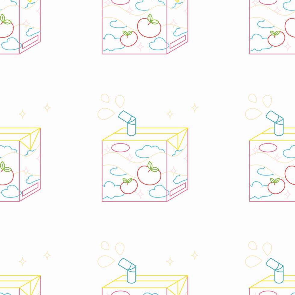 Seamless pattern of  tasty peach juice boxes. Asian product. Cute bright tasty milk. Kawaii Japanese style. Soft Drink in paper box.  Hand drawn color trendy illustration. vector