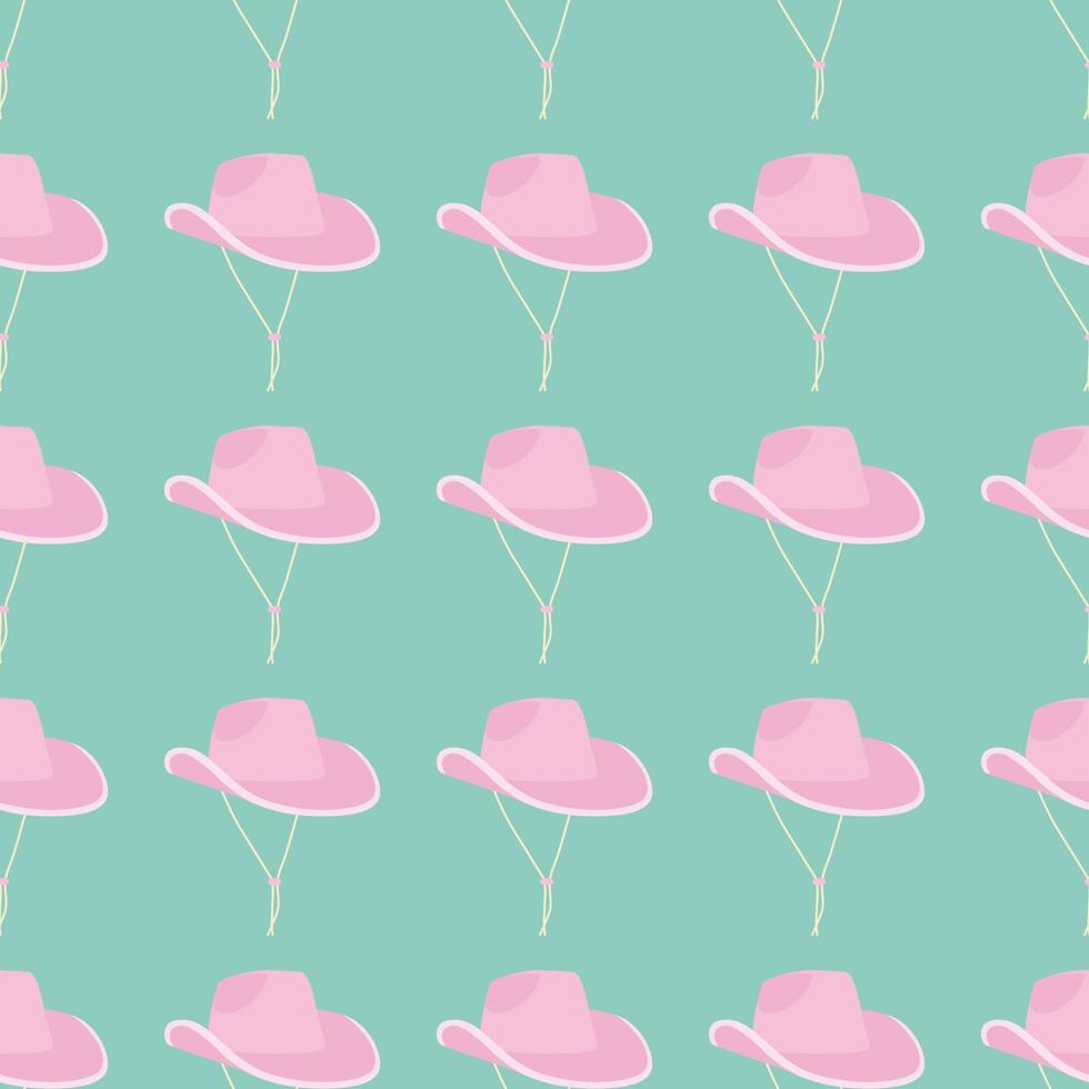 Seamless pattern of cartoon pink cowboy hat with strings on menthol background. Party hat. Fashion style of the Wild West. Cowboy western, wild west concept. Hand drawn color flat illustration. vector