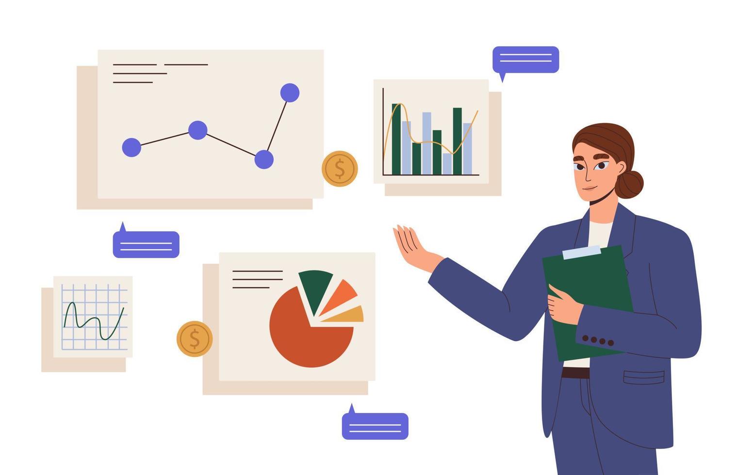 asesor financiero, consultor de dinero mujer en traje dando consejos. servicio de perito contable para alfabetización en derecho tributario. mercado de gráficos de investigación, diagramas, gráficos, informes financieros. ilustración plana vector