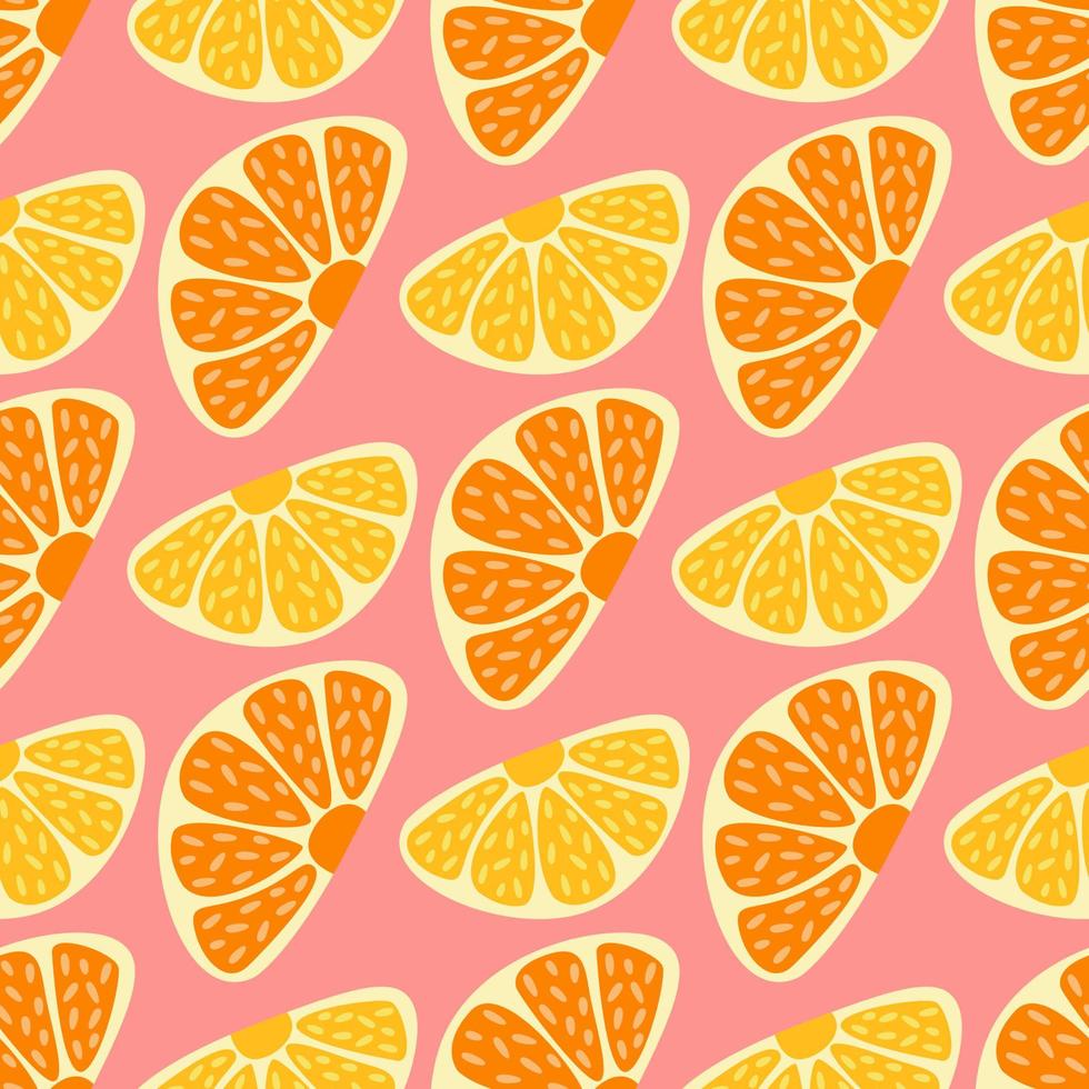 Seamless pattern of oranges and lemons on pink. Trendy hand-drawn stylised sliced fruit. Childish summertime concept. Crazy coloured citrus wallpaper design for web banner, wrapping and print. vector