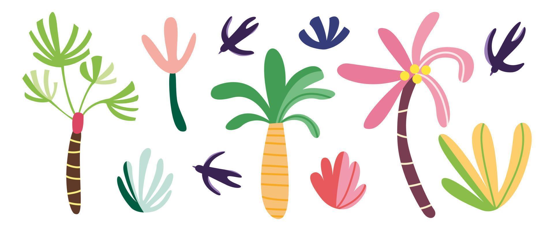 Set of abstract tropical palms, bushes and swallows. Cute decorative jungle rainforest tree and plant. Summer tropical bird, palm plantation. Beach kids doodle. Hand drawn colorful illustration vector