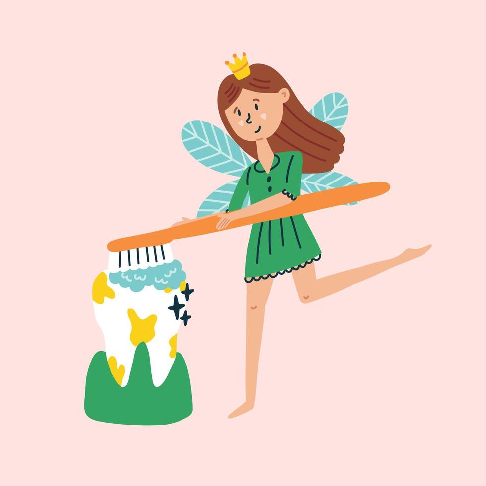 Tooth fairy with a brush brushes  tooth vector