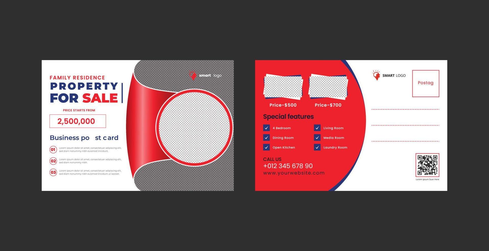 postal de empresa roja o diseño de postal eddm. tarjeta postal de bienes raíces moderna para la venta de viviendas. vector