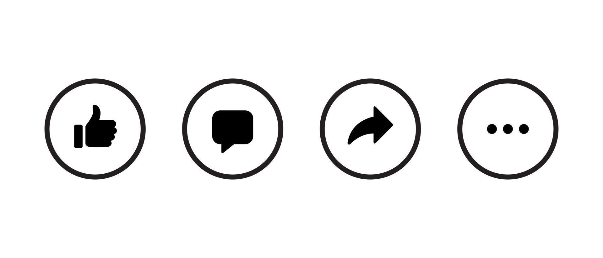 Like, comment, share, and ellipsis menu icon vector in circle line button