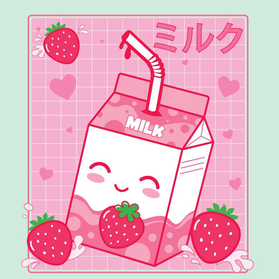 lindo kawaii fresa leche caja dibujos animados producto asiático coloreado de moda vector