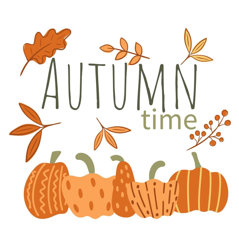 tarjeta de tiempo de otoño con hojas de inscripción y calabazas vector