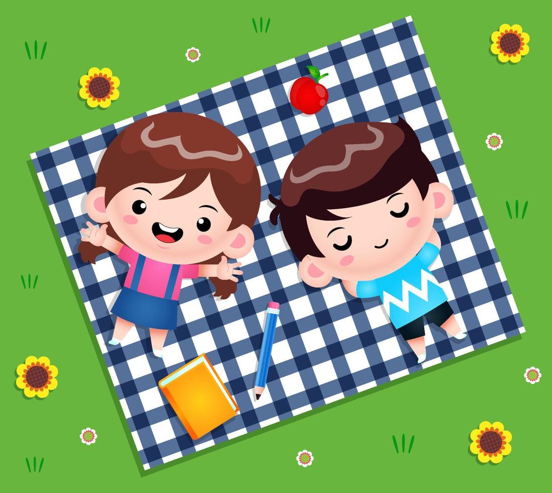 Top View Of Kids Having Picnic Lying On A Grass vector