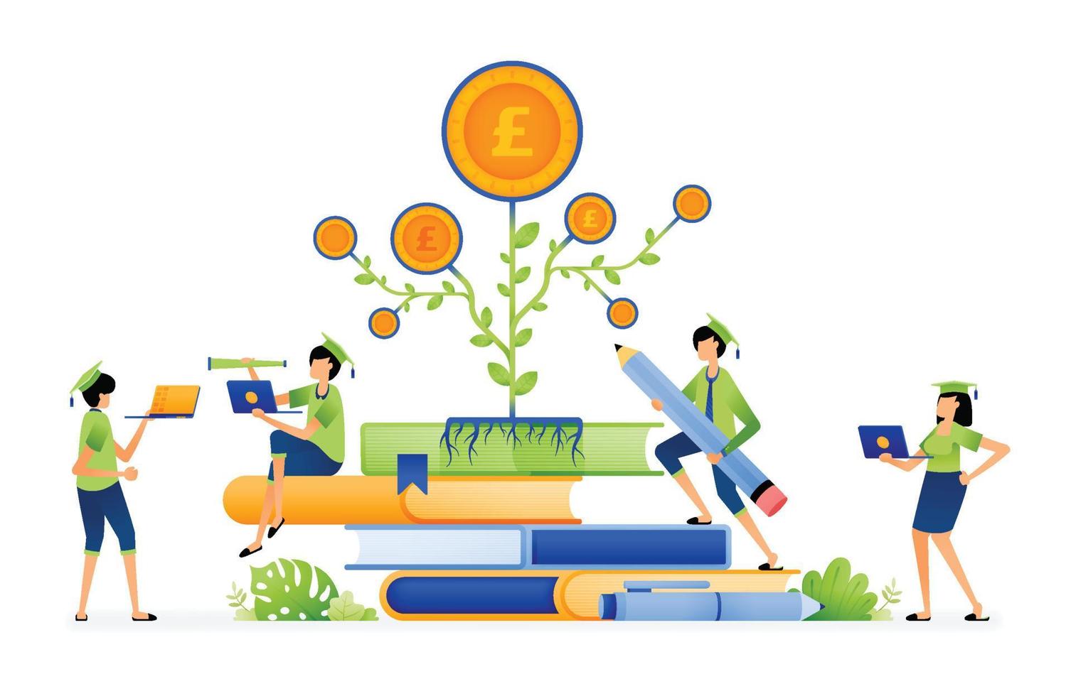 Design of profitable investment education in future. pile of books with plants growing and make money. Illustration for landing page website poster banner mobile apps web social media brochure ads etc vector
