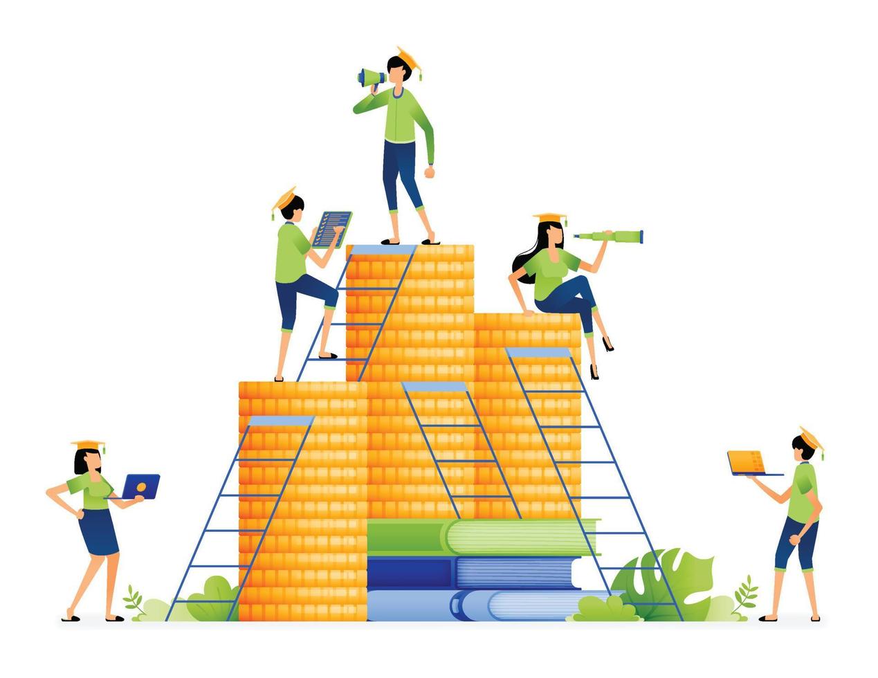 Design of students climb ladder of achievement to reach top of the money pile. scholarships and tuition fees support. Illustration for landing page website poster banner mobile apps web brochure ads vector