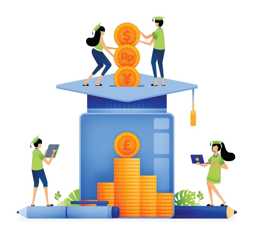 Design of students keep coins in glass jars for graduate of university study plans. expensive tuition fees. Illustration for landing page website poster mobile apps web social media brochure ads etc vector