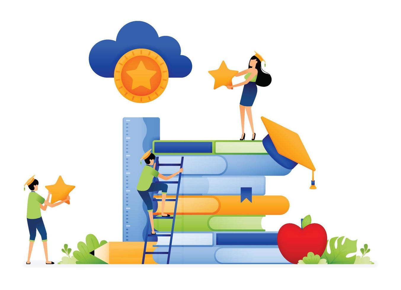 Design of students race up ladder of achievement for educational scholarships and tries to catch dream stars. Illustration for landing page website poster mobile apps web social media brochure ads etc vector