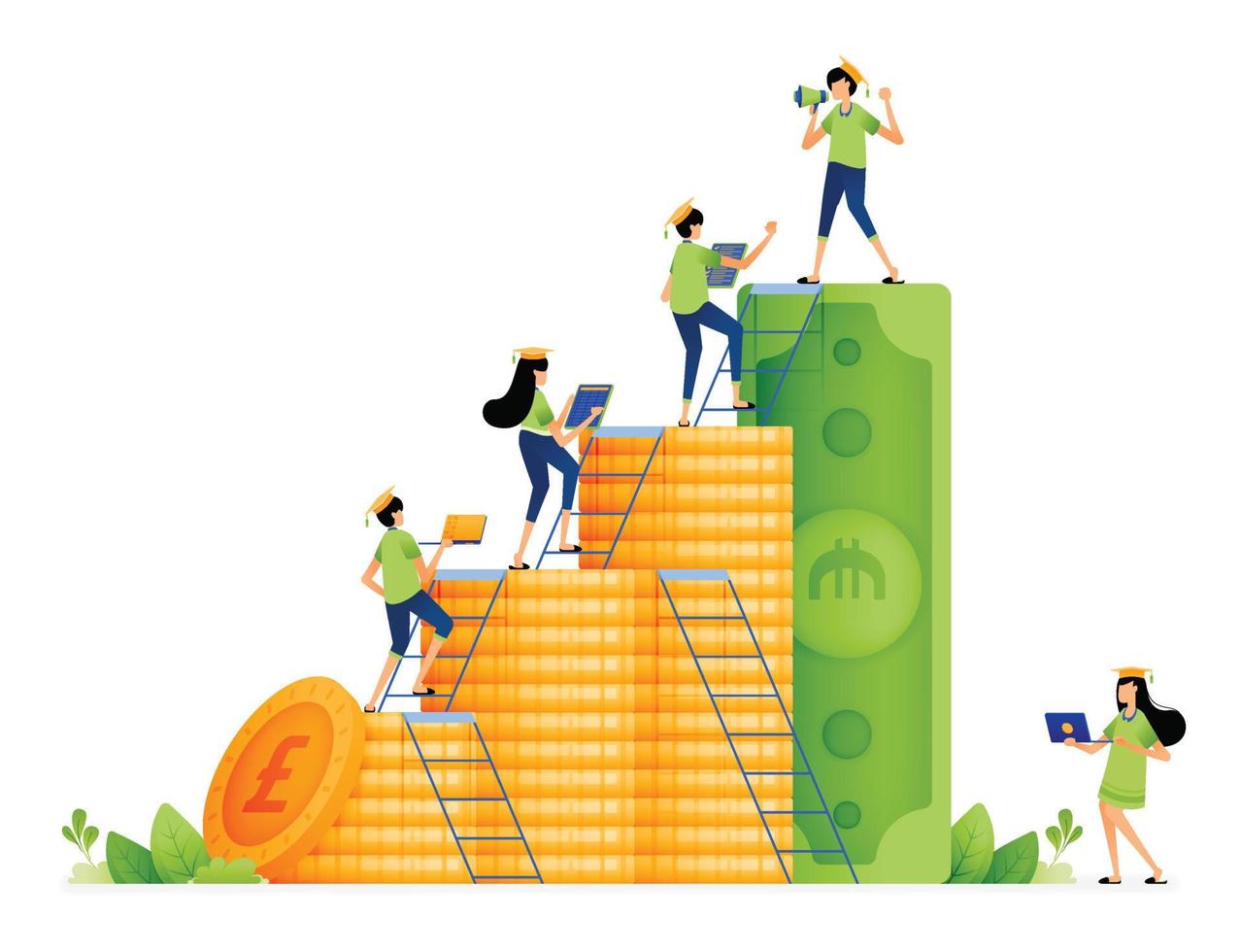 Design of money arranged like growth bar chart. students climb ladder of achievement to get tuition fees scholarships. Illustration for landing page website poster banner mobile apps web brochure ads vector