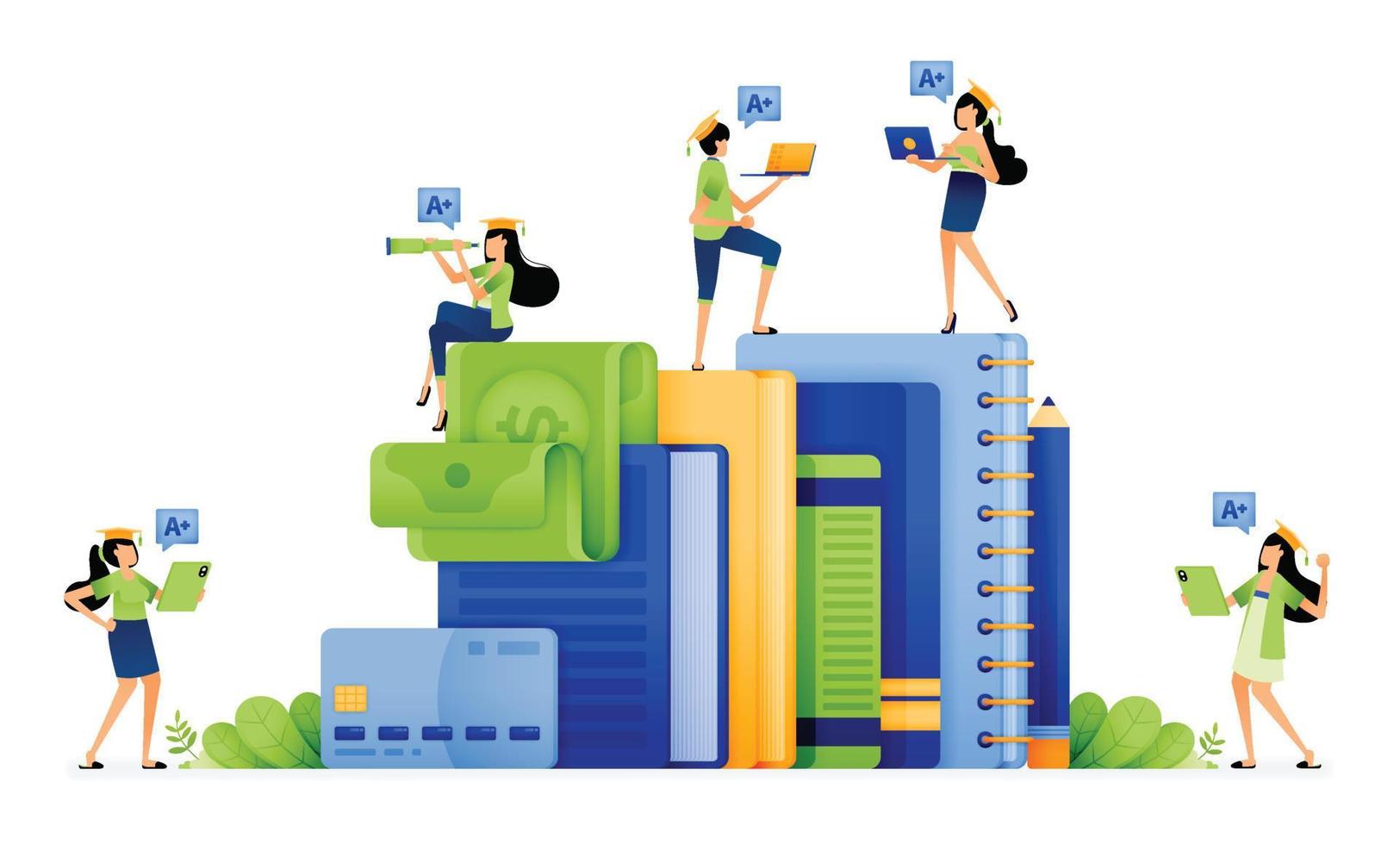 Design of students climb neat piles of books for literacy education, financial literacy for school students. Illustration for landing page website poster mobile apps web social media brochure ads etc vector