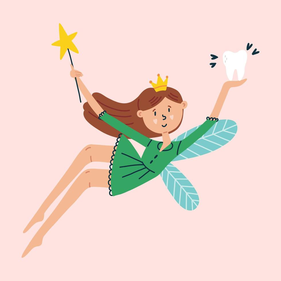 Flying tooth fairy with a tooth magic wand vector