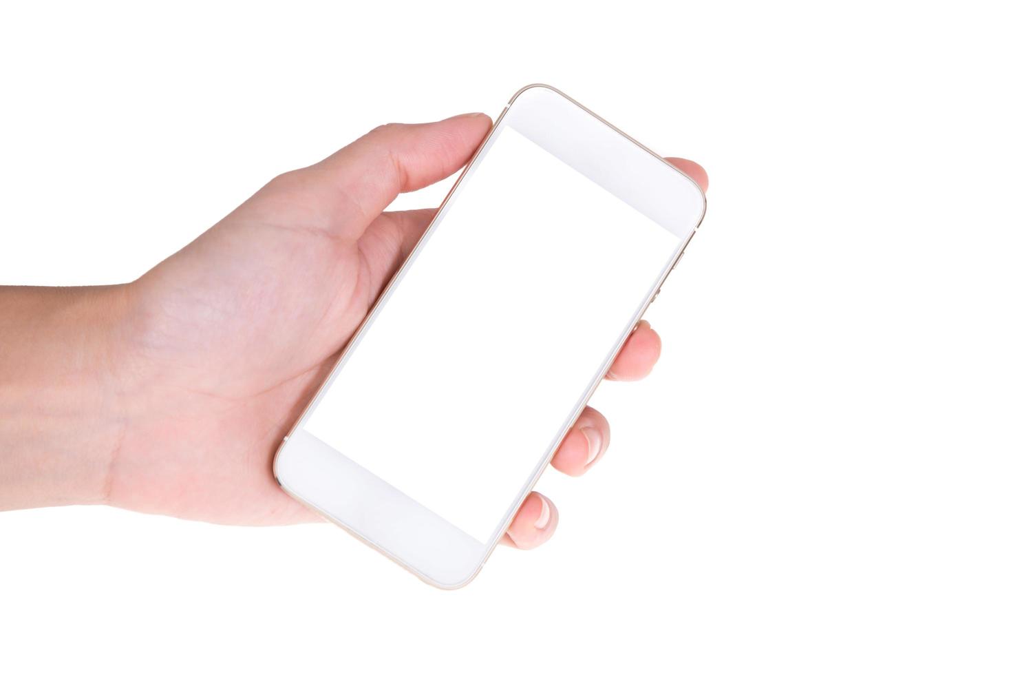 Woman hand showing a blank smart phone with isolated screens display on white background photo