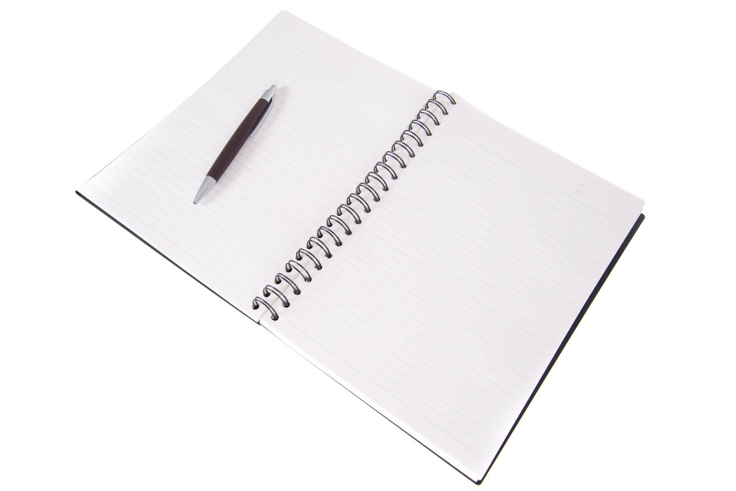 Blank open notebook lined papers with pen photo