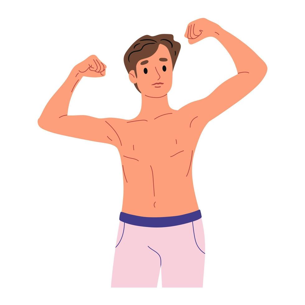 Athletic man in sportswear . Men shows muscles. Healthy lifestyle, athletic body. Flat vector illustration