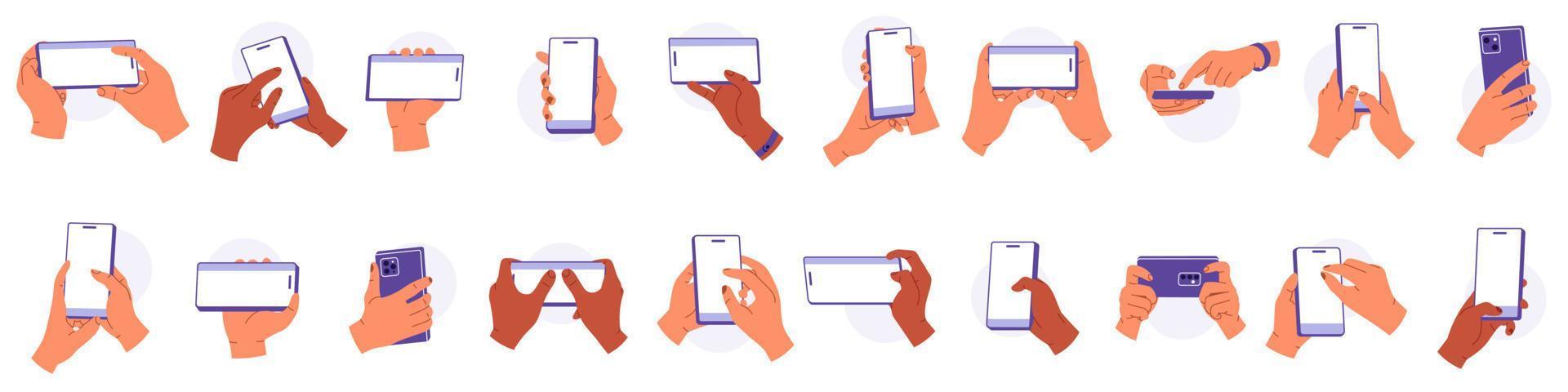 Bundle of multiracial hands holding mobile. People with phone in hands concept. Hand holding mobile phone horizontally and vertically with blank screen. Flat vector