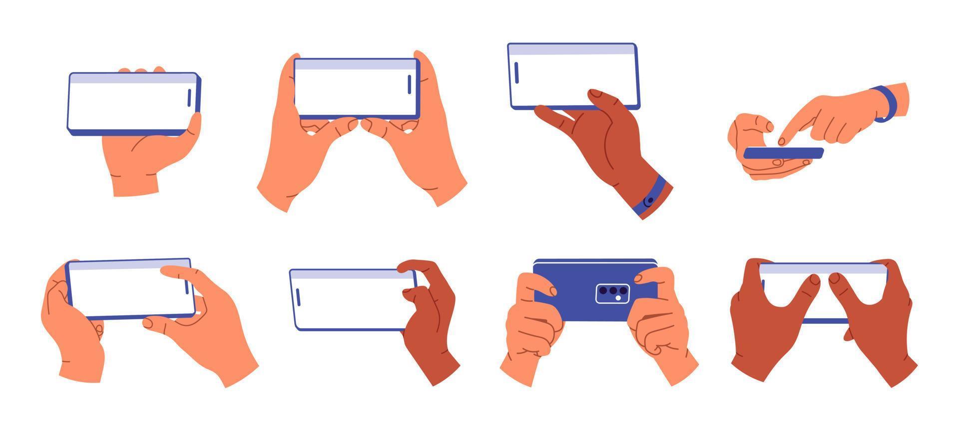 Set of hands holding the smartphone horizontally. White smartphone screen. People handling with cellphones. Fingers touching screen. Flat vector illustration isolated on white background