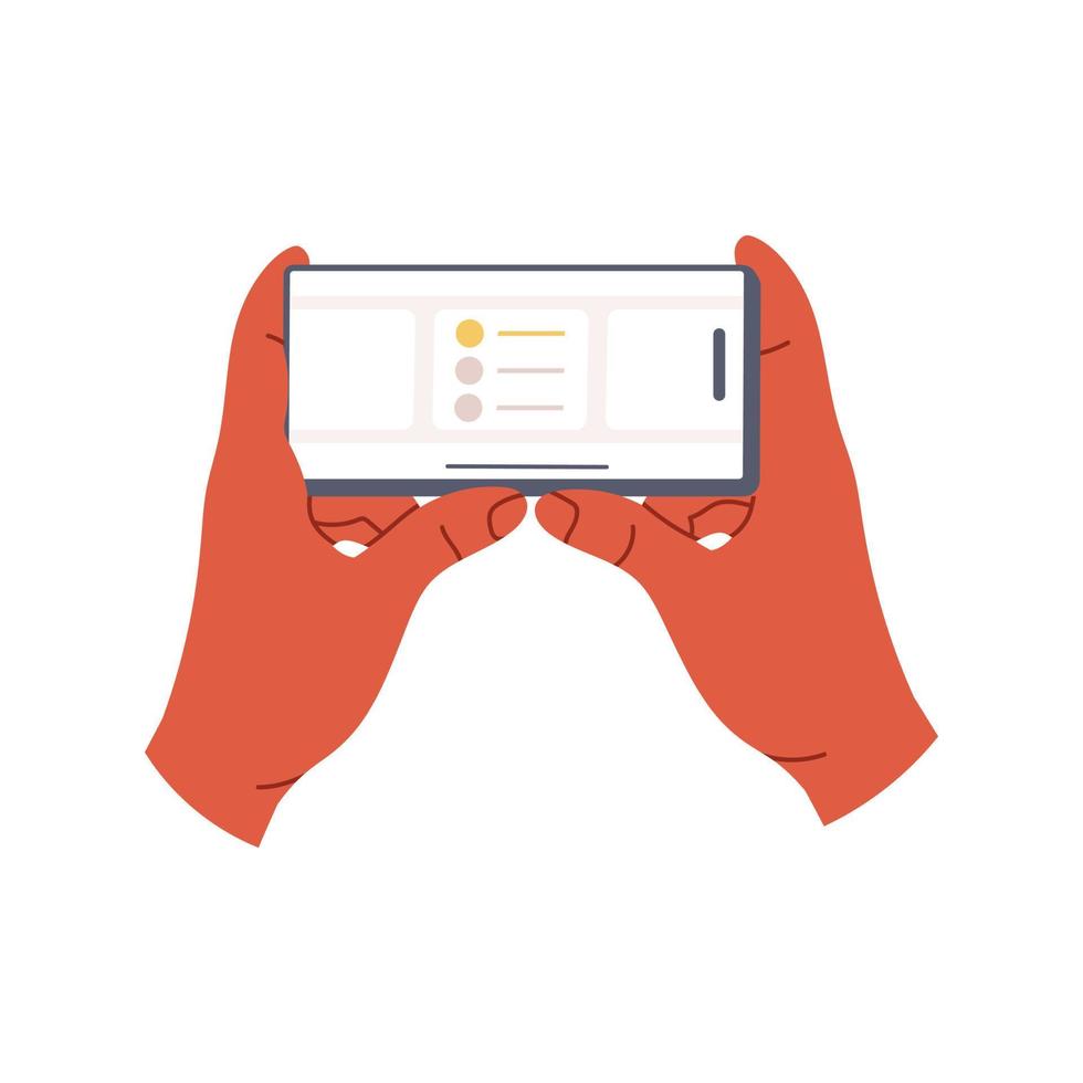 Hand holding phone with task tracking app. Using smartphone screen with application for to-do list. Flat vector illustration isolated on white background