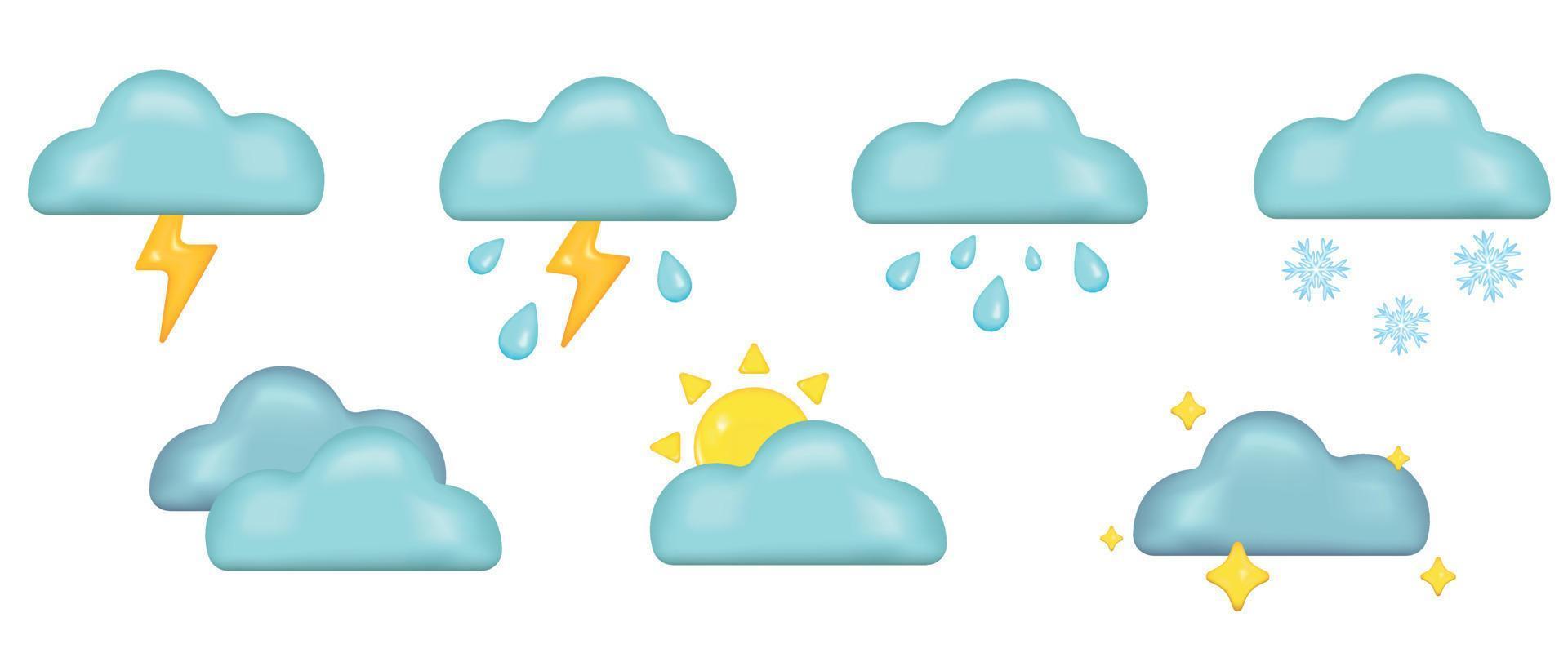 Weather emoji icon set. Weather forecast. Thunder, blizzard, rain, cloudy, sunny weather symbols. Vector illustrations