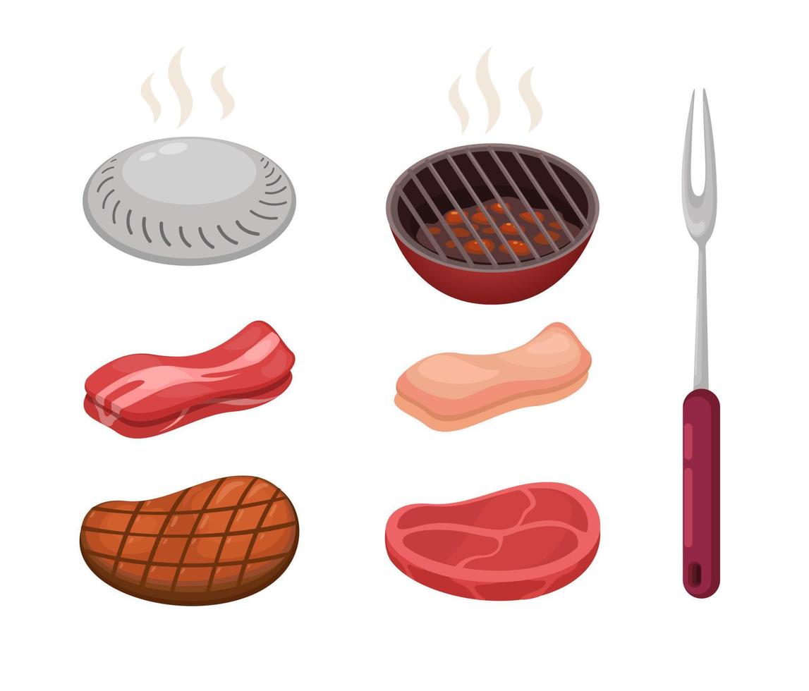 conjunto de colección de símbolos de barbacoa de carne a la parrilla vector de ilustración de dibujos animados