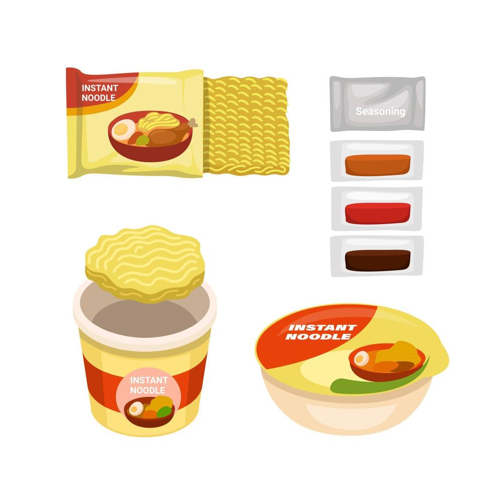 taza de fideos instantáneos con polvo de temporada y símbolo de salsa conjunto ilustración vector