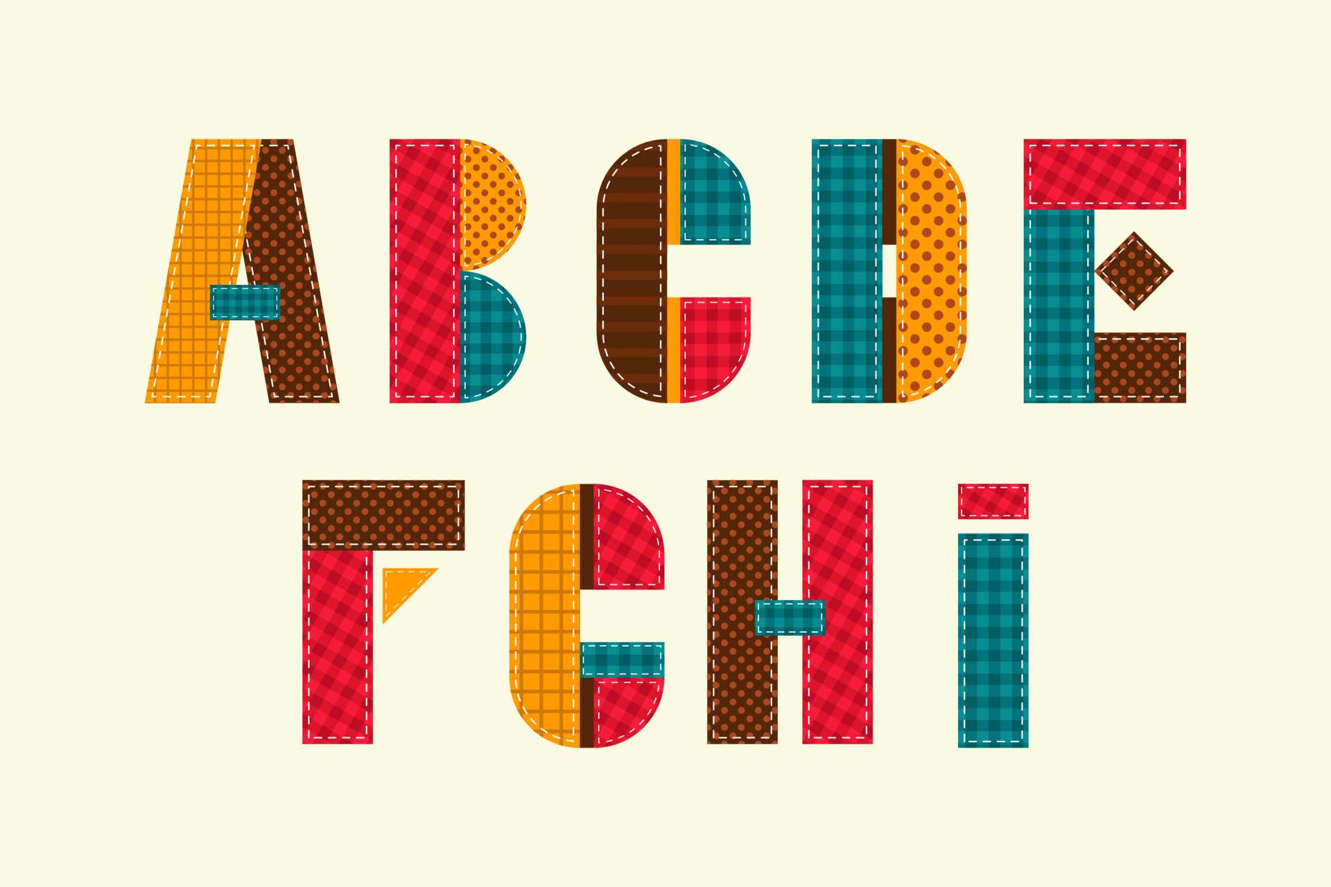 Colorful patchwork english alphabet. Isolated quilt letters in