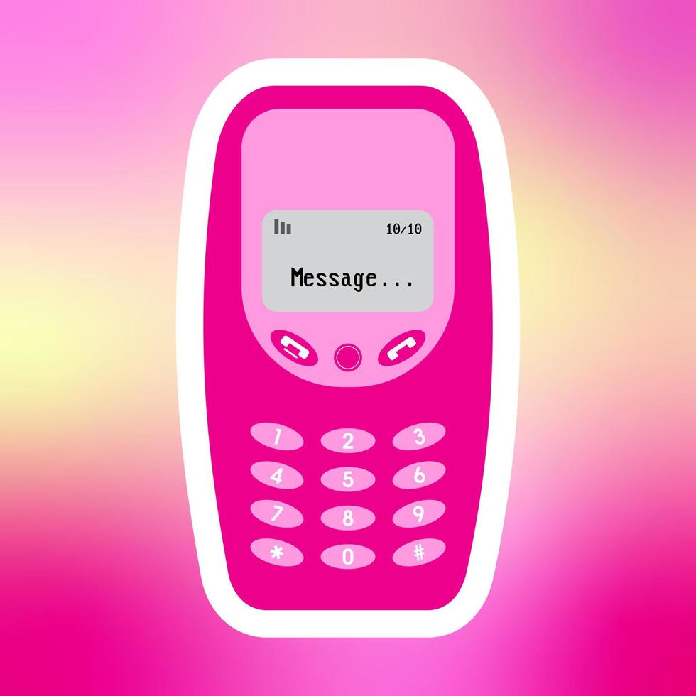 Y2k old mobile sticker. Old-fashioned pink mobile phone on gradient background. Groovy print for graphic tee, square poster, bullet journal cover, card. Nostalgia for 90s. vector