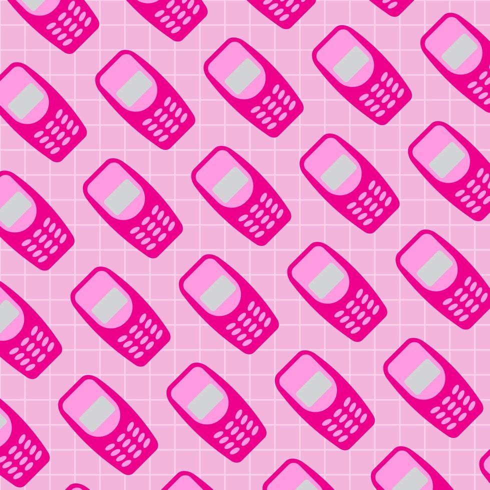 Y2k old mobile groovy pattern. Old pink mobile phone on checkered background. 2000s retro seamless pattern for poster, banner, flyer, cover of planner, textile, greeting card. Flat elements. vector