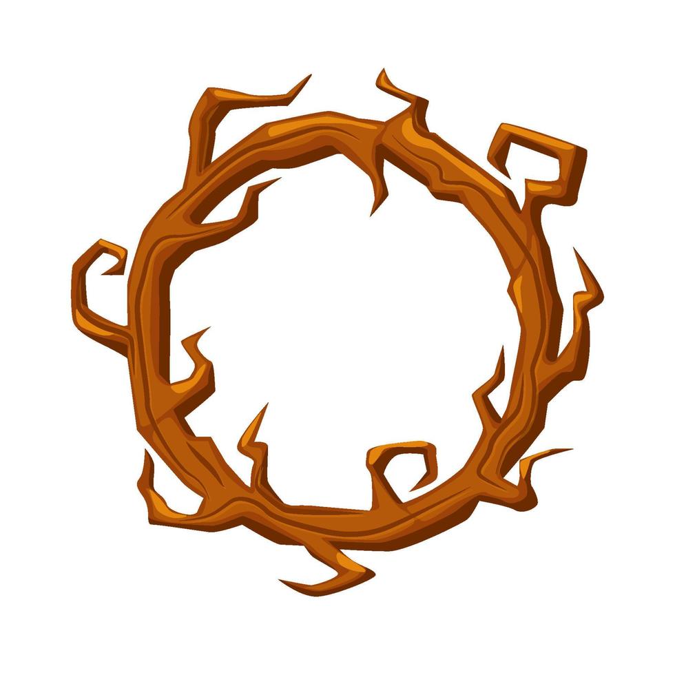 Old wooden round frame, wreath branches for ui games. Vector illustration of empty vintage wooden frame for avatar, picture.