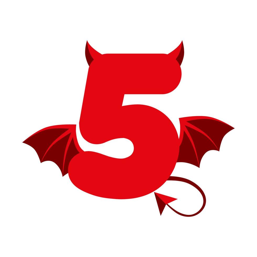 Número 5 rojo del diablo con alas para juegos de interfaz de usuario. Demonio de dibujos animados oscuro y aterrador cinco. vector