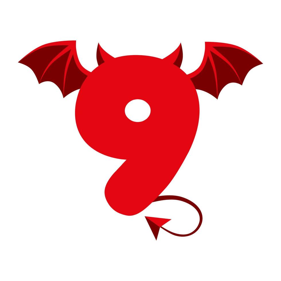 Devil red 9 number with wings for ui games. Scary dark cartoon demon nine. vector