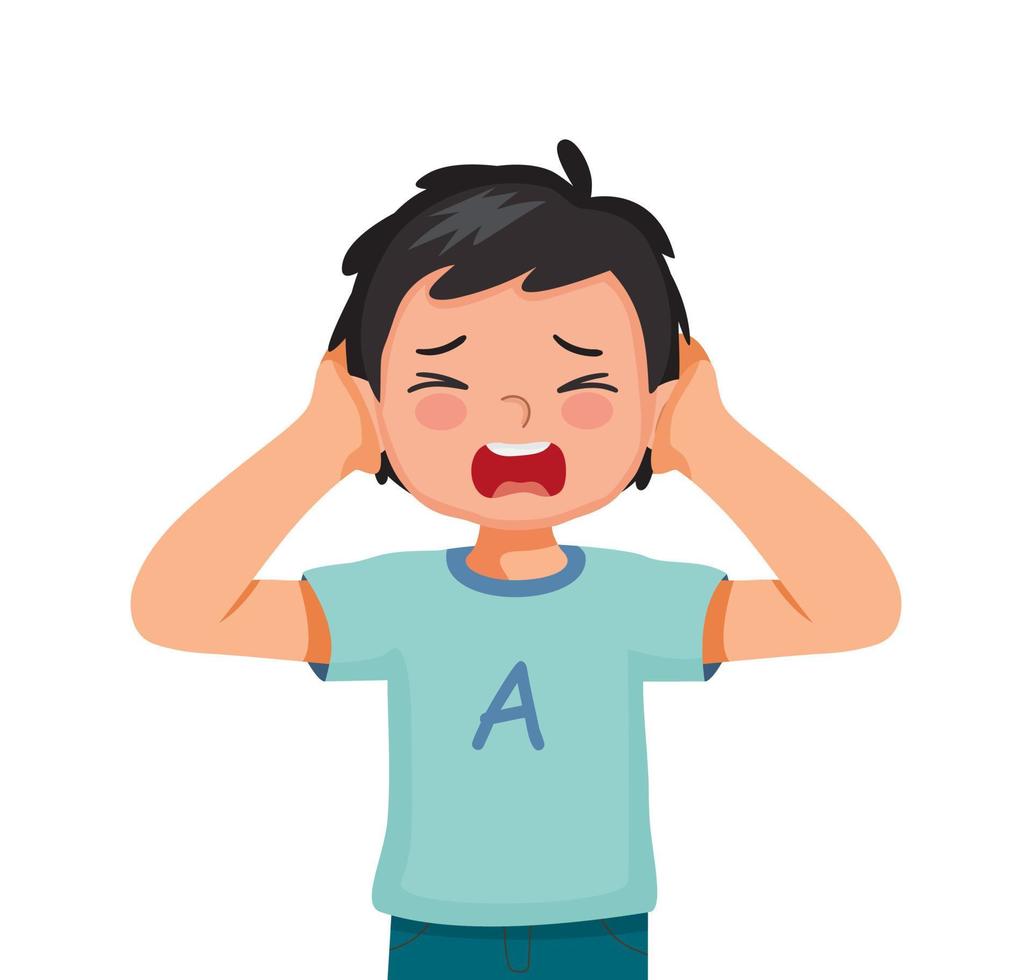 cute little boy not listening covering and shut his ears from noisy loud sound showing angry facial expression vector