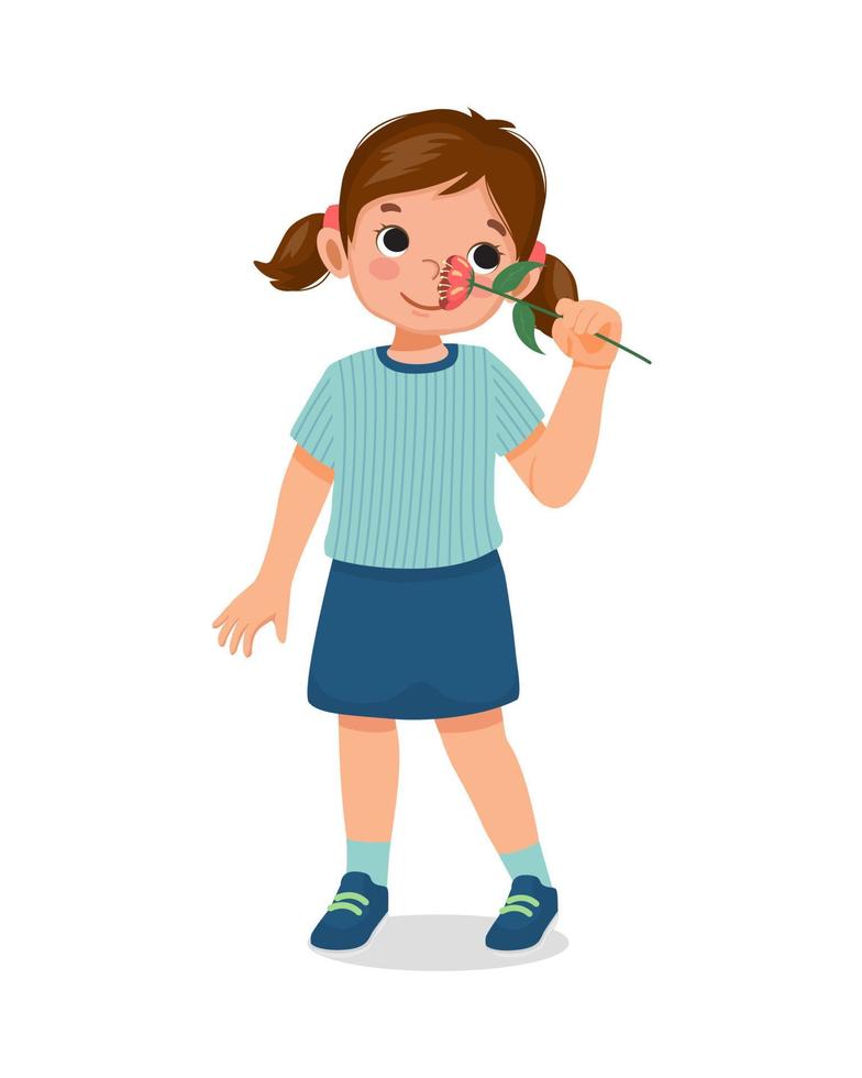 cute little child girl holding and smelling flowers enjoying the aroma vector