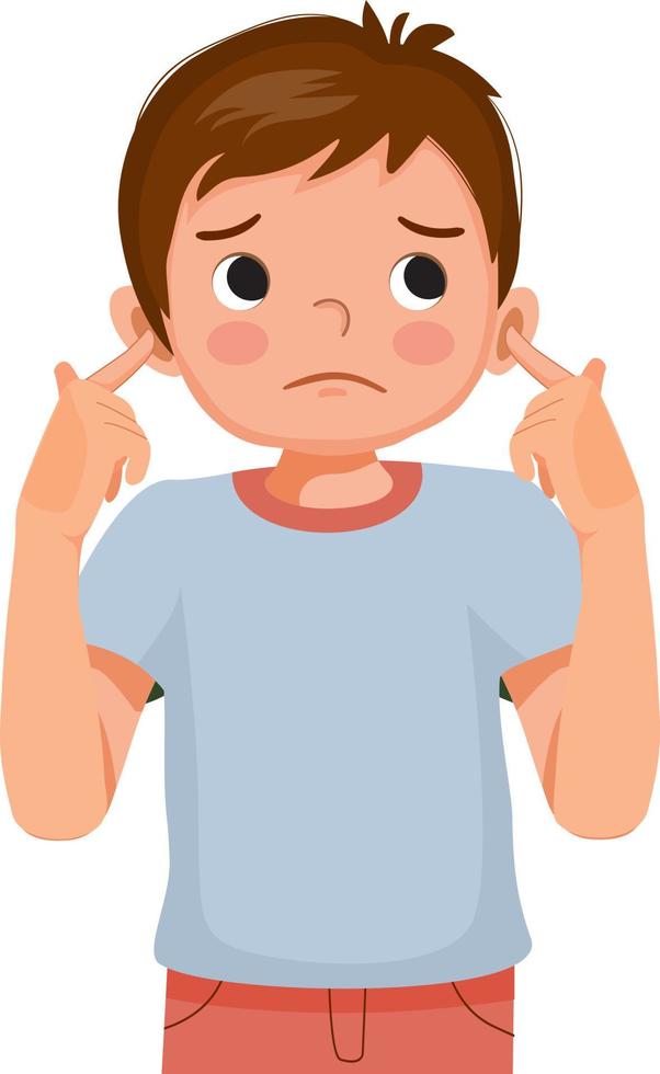 Cute little boy not listening plugging and covering his ears with fingers from noisy loud sound showing annoyed facial expression vector