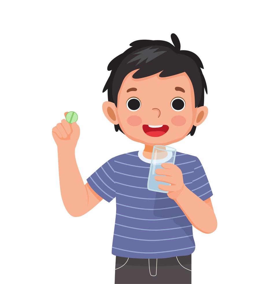 happy little boy taking a medicine pill with a glass of water vector