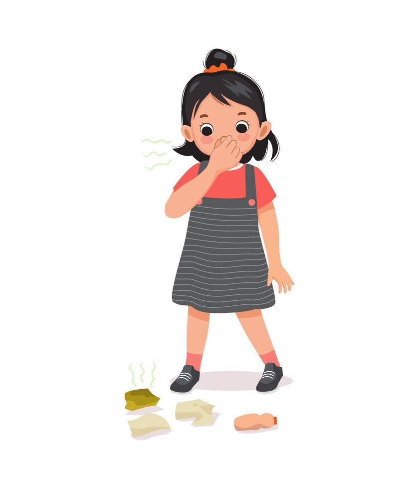 cute little girl pinching and cover her nose smelling stinky and bad odor trash on the ground holding breath with fingers on nose vector