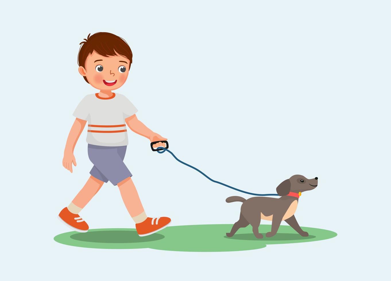 lindo niño paseando al perro en el parque vector