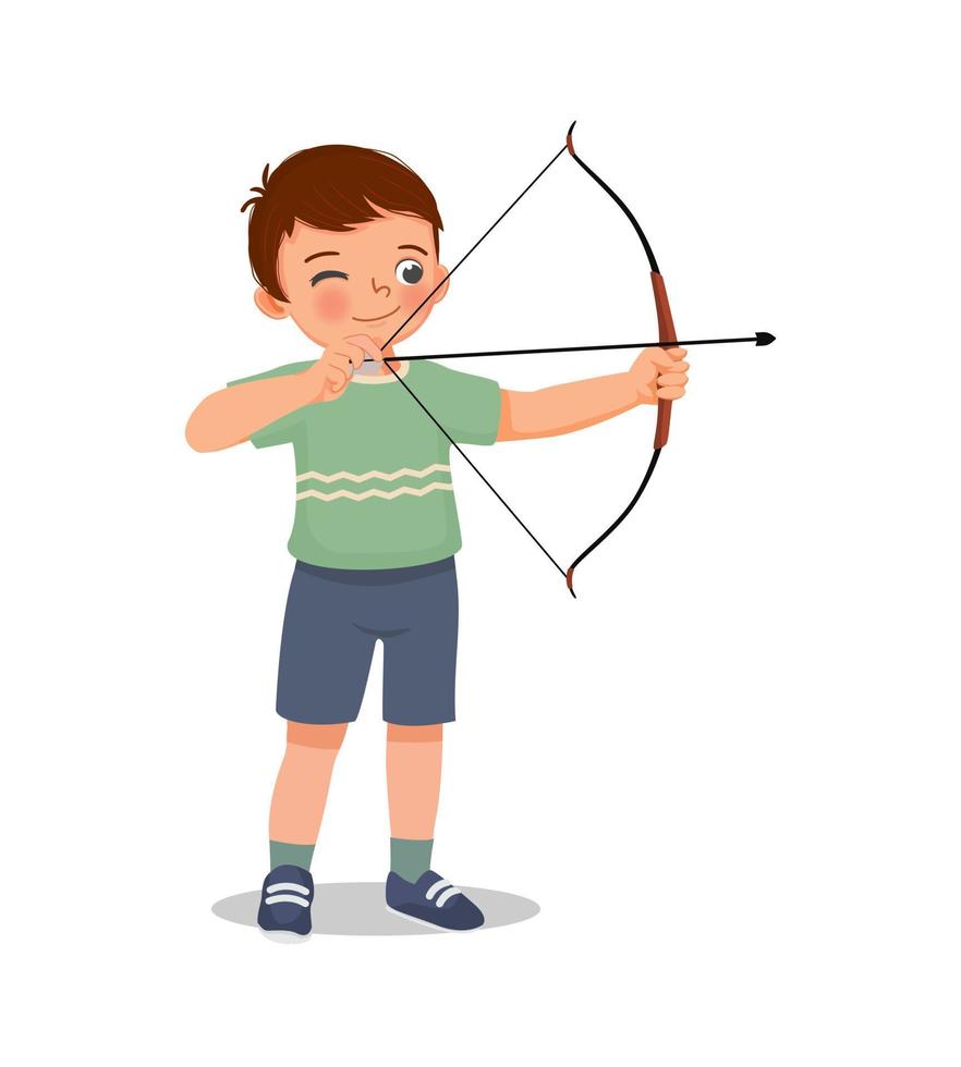 feliz y lindo niño pequeño con arco y flecha haciendo deporte de tiro con arco apuntando listo para disparar vector