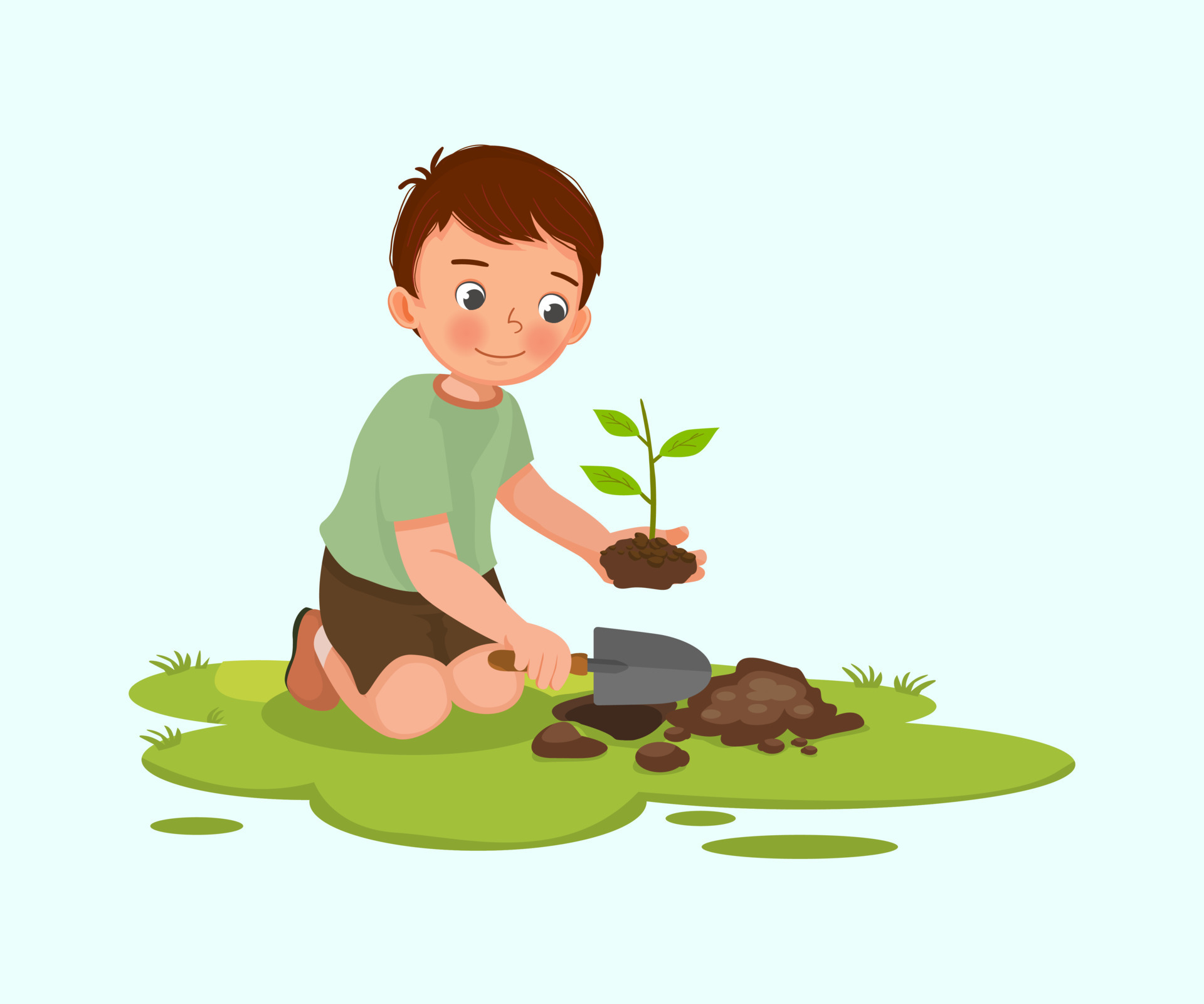 cute little boy with shovel planting young tree seedlings in the garden