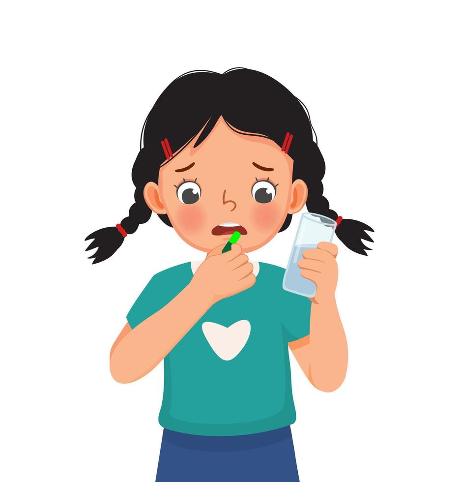 cute little girl taking a medicine capsule with a glass of water vector