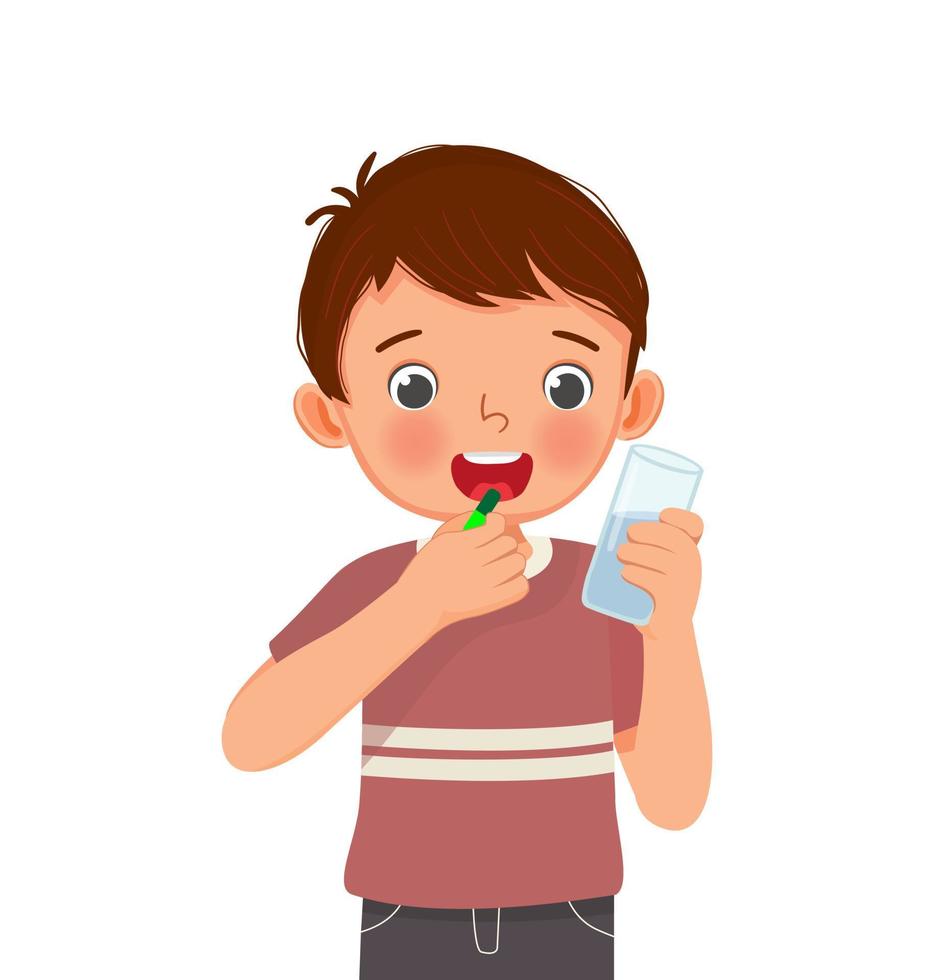 cute little boy taking a medicine capsule with a glass of water vector