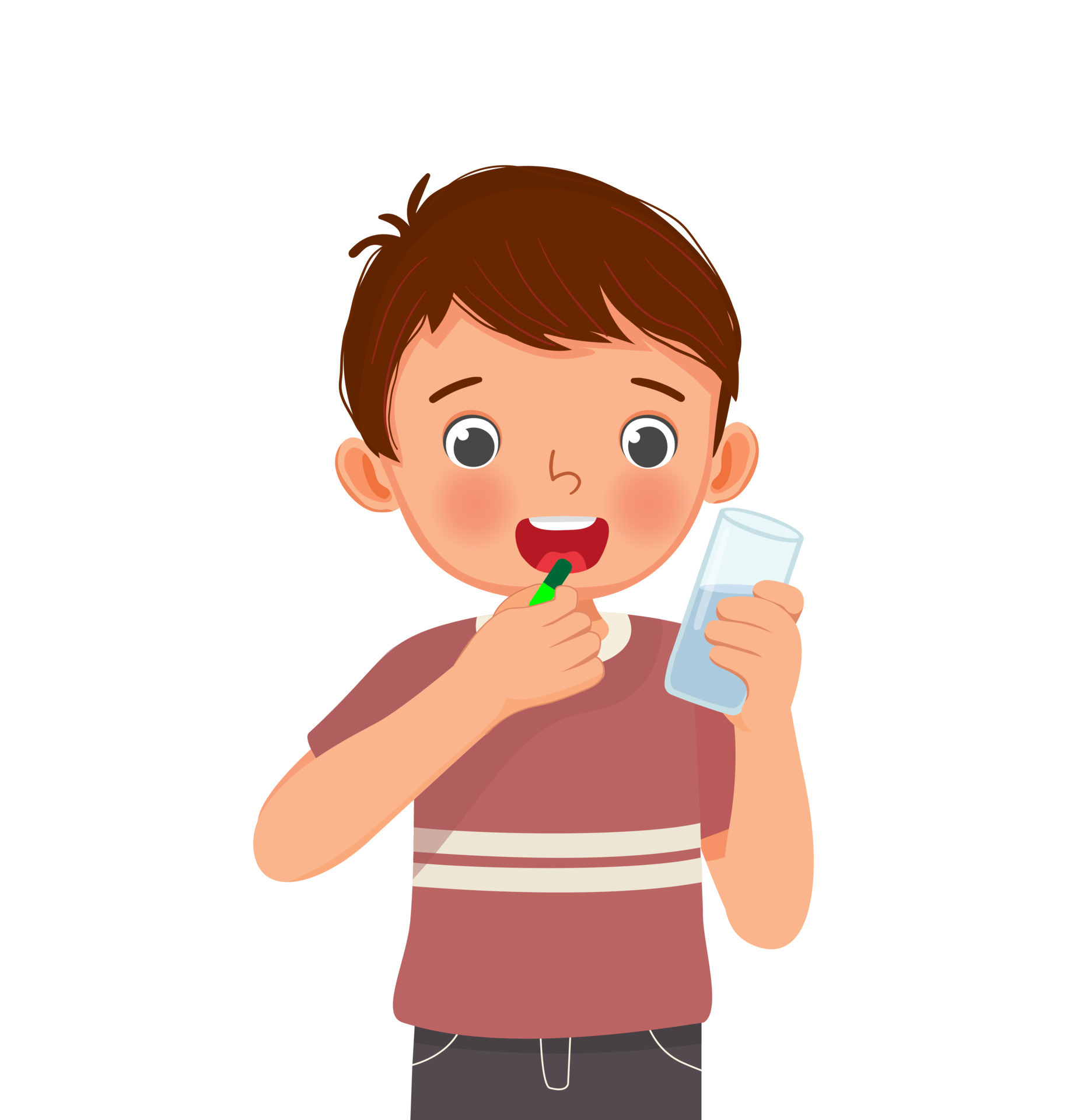 cute little boy taking a medicine capsule with a glass of water 9295216