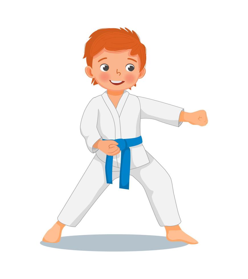 lindo niño pequeño de karate con cinturón azul que muestra técnicas de puñetazos de ataque manual posa en la práctica de entrenamiento de artes marciales vector
