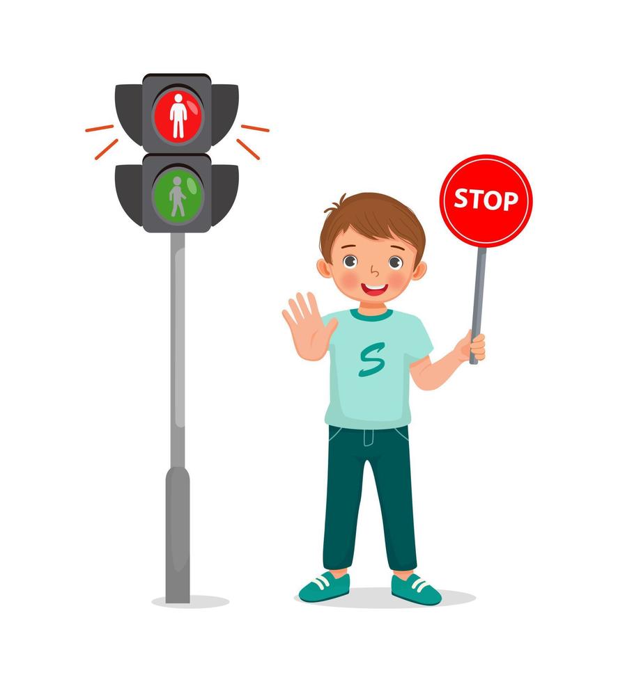 lindo niñito sosteniendo la señal de stop cerca del semáforo peatonal con luz indicadora roja encendida vector