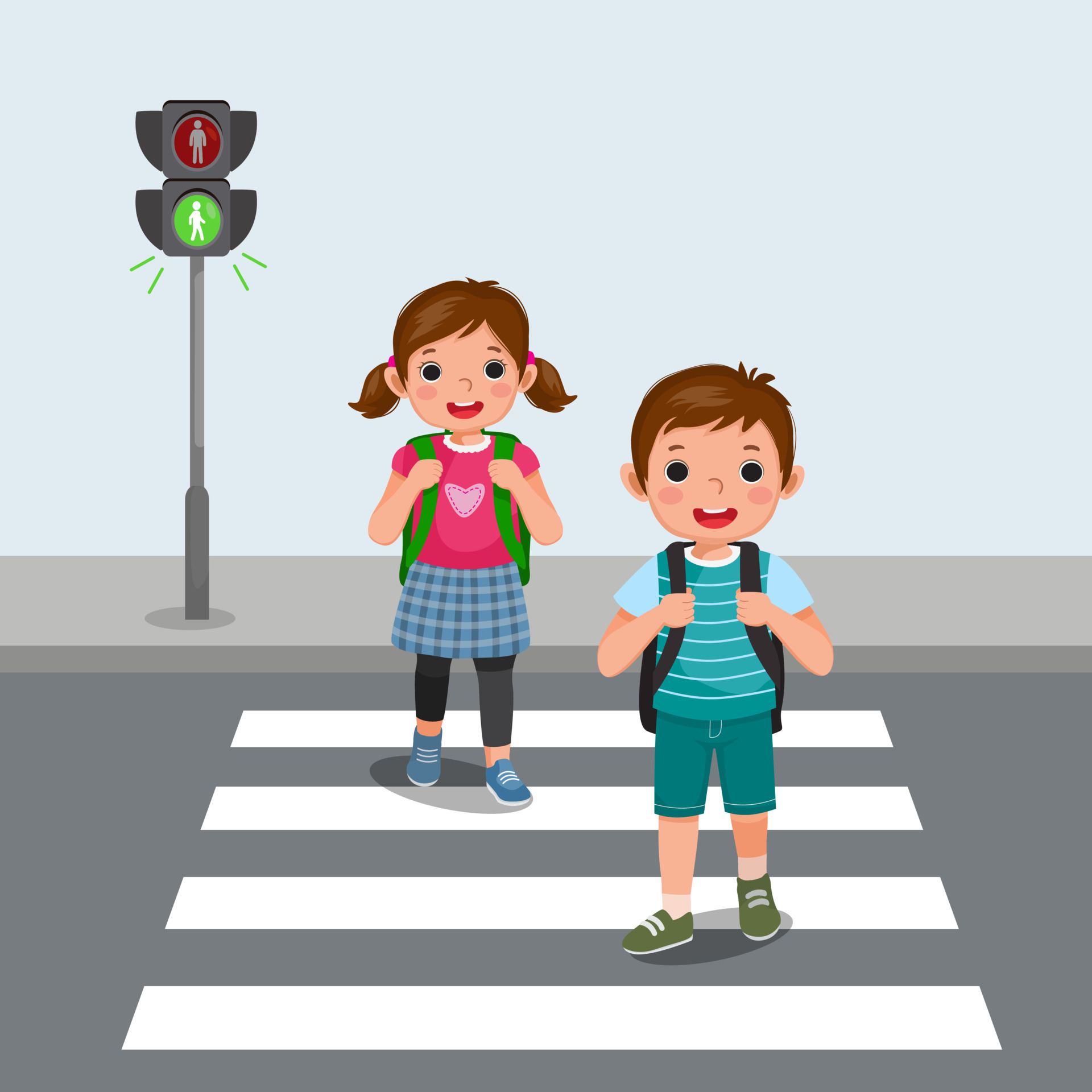 Cute School Kids With Backpack Walking Crossing Road Near Pedestrian